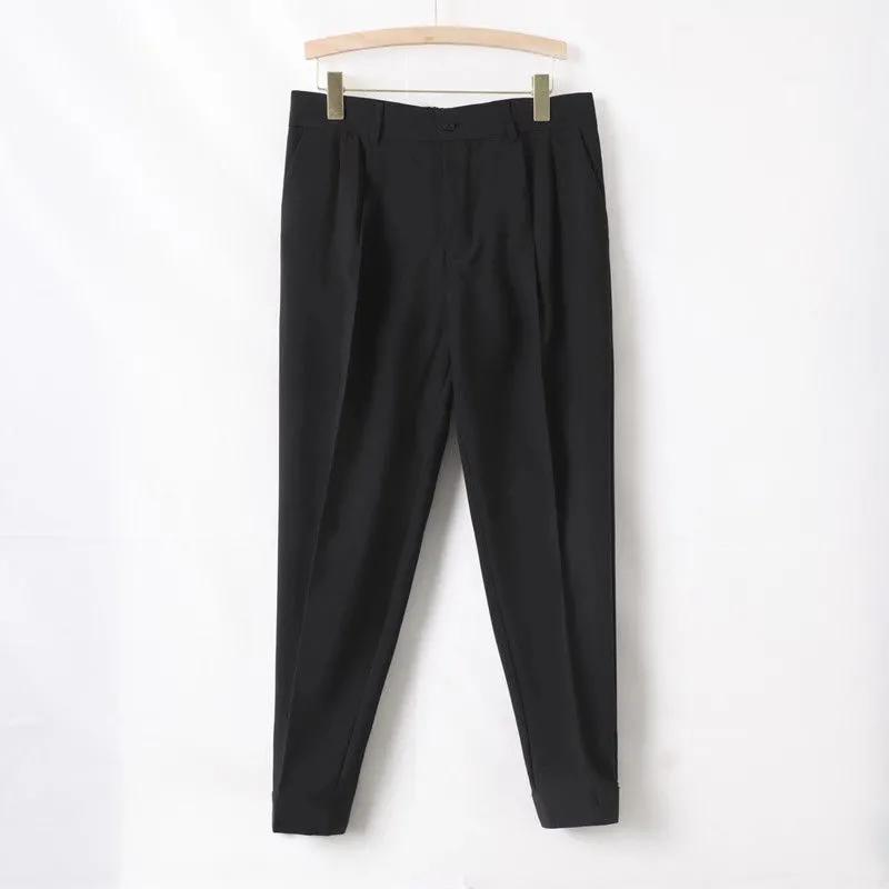 Men's Summer Cuffed Cropped Casual Pants with Drape Fit, Velcro Waistband, and Suit-Style Design