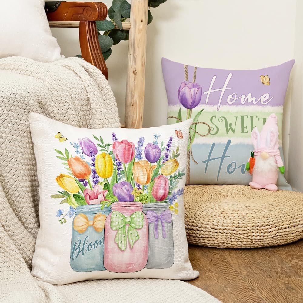 Colorful Tulip Graceful Pillow CoversLiving room sofa cushion cover, soft and comfortable, bedroom room decoration