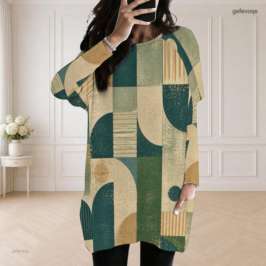 Women Plus Size Round Neck Long Sleeve Geometric Printed Loose Longline Top With Pockets