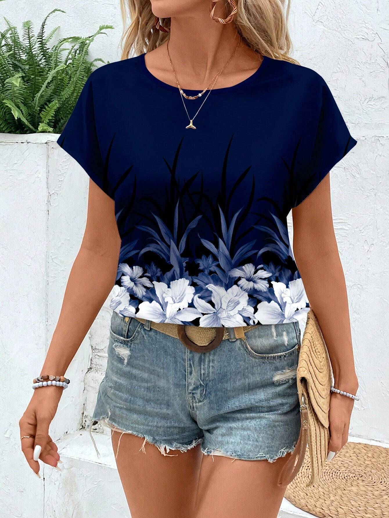 

Летний топ с круглым вырезом, 3D-принтом с цветочным узором, модная повседневная женская футболка с коротким рукавом 2XL