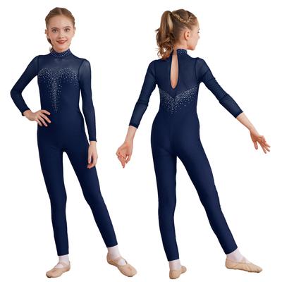Kids Girls Figure Skating Unitard Shiny Rhinestone Jumpsuit Long Sleeve Bodysuit Gymnastics Dance Performance Costume