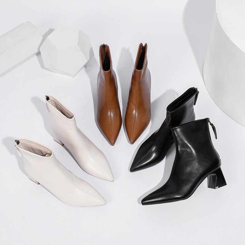 2024 podzimní a zimní nové korejské špičaté kotníkové boty dámské korejského stylu zadní zip silný podpatek boty dětské béžové vysoký podpatek dámské bo