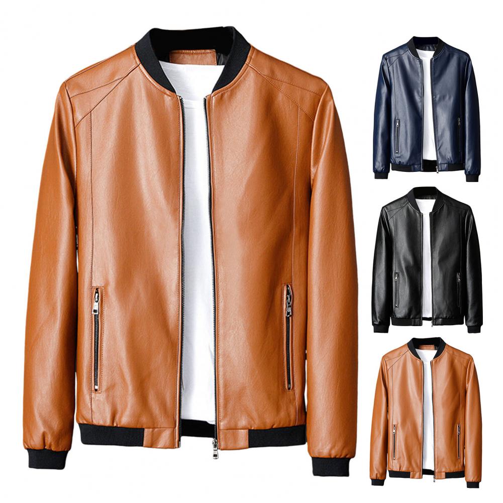 Męski Stojak na Płaszcze Kołnierz Stojący Długi Rękaw Kurtka ze Sztucznej Skóry z Kieszeniami Jednolity Kolor Elastyczny Dół Kurtka Motocyklowa