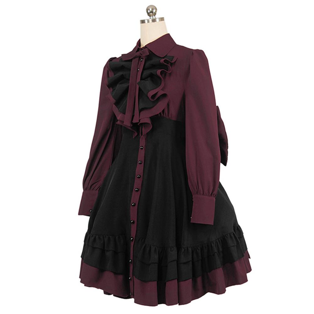 Long Sleeves Polyester Ruffle Dress with Bows, Women's Black and Red Gothic Dress for Women