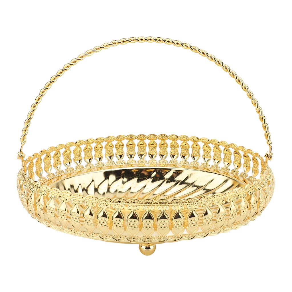 Rund Fruktskål med Handtag Guld Färg Legering Retro Rund Torkad Fruktbehållare för Fester
