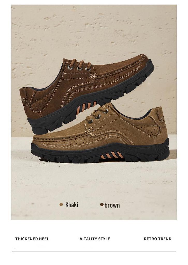 Men's Large Size Genuine Leather Outdoor Mountaineering Shoes - Breathable, Non-slip, Wear-resistant with Thick Sole.