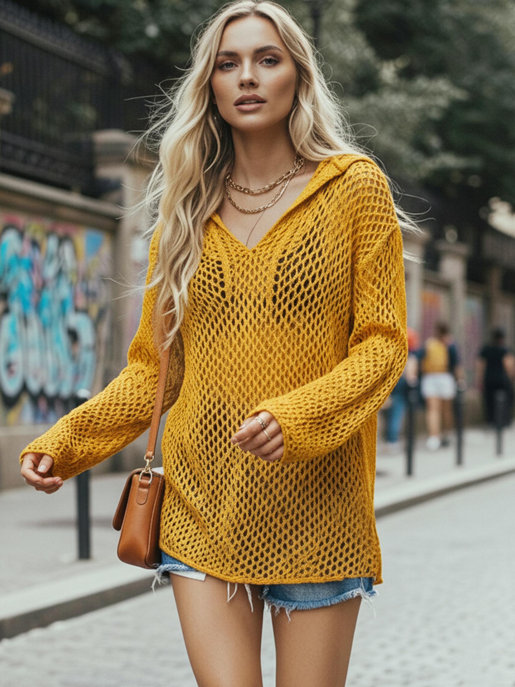 

Сексуальная вязаная мини-юбка с капюшоном и V-образным вырезом с длинными рукавами для пляжа, лето 2025, женская праздничная пляжная одежда, накидка для купальника K4 L оранжевый