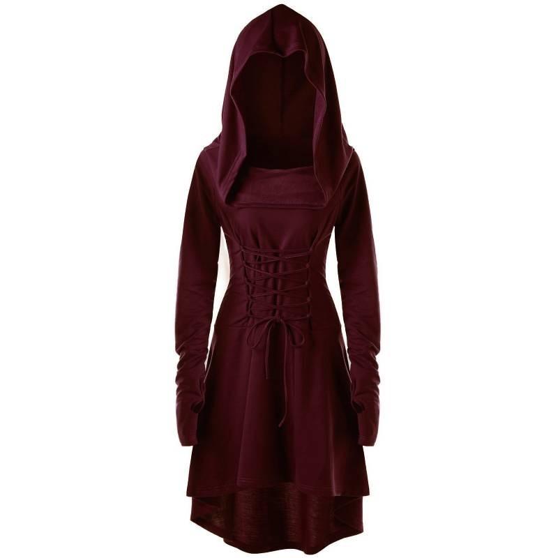 

Women Long Halloween Sleeved Hooded Strapper Dress Lacing Clothes Cosplay Solid S бордовий