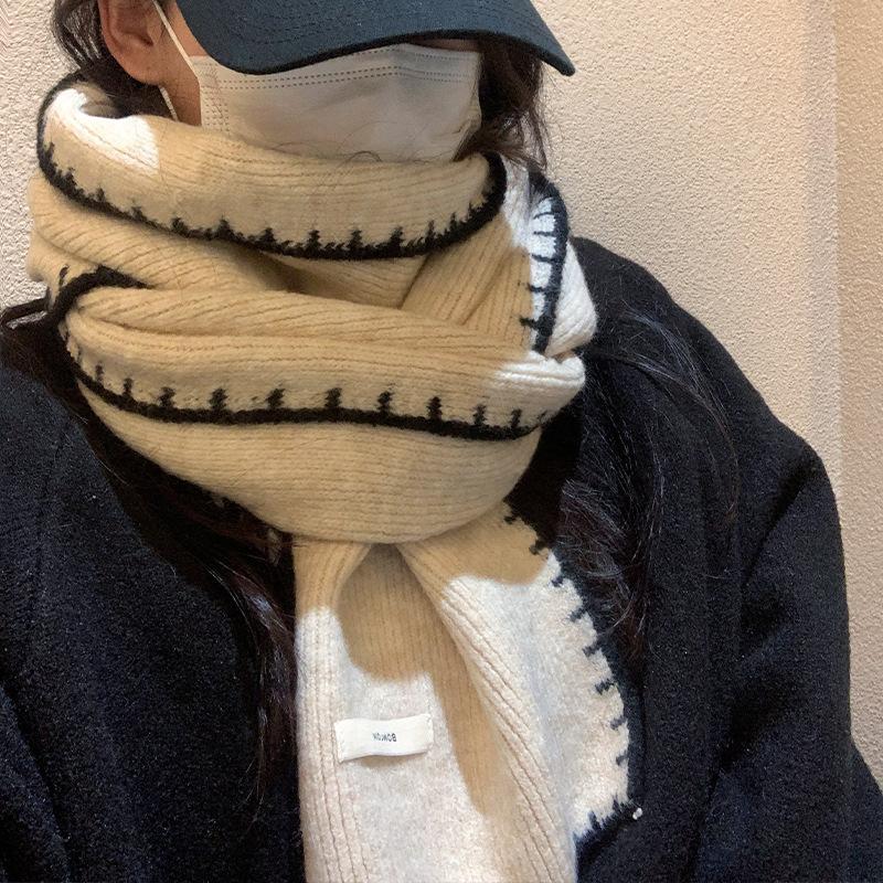 Autumn and Winter New Korean Version Versatile Lock Edge Korean Knitted Gray Scarf Women's Knitted Warm Neck Scarf