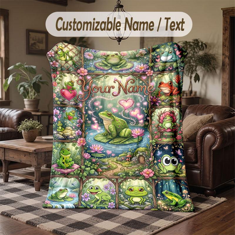 Frog Theme Throw Blanket Custom Name Text Personalized Blanket Soft Cozy Blanket for Home Sofa Bed