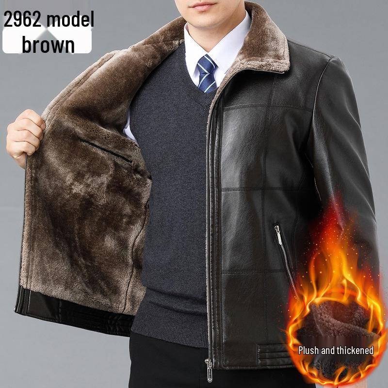 Men's Winter Sheepskin Leather Jacket with Fleece Lining - Thick, Warm Outerwear for Middle-aged and Elderly
