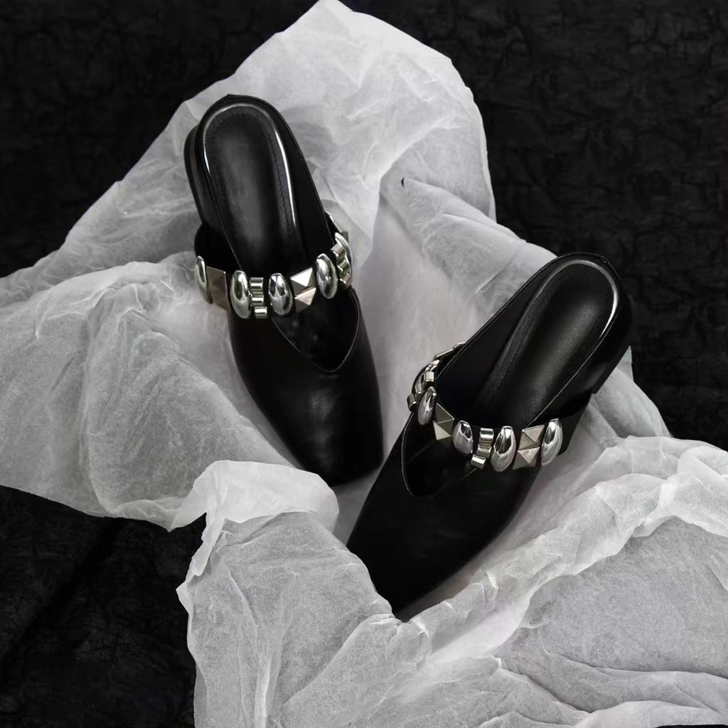 French temperament bag head shoes, women's one-pedal metal buckle square head half slippers, genuine leather inner height-increasing sandals