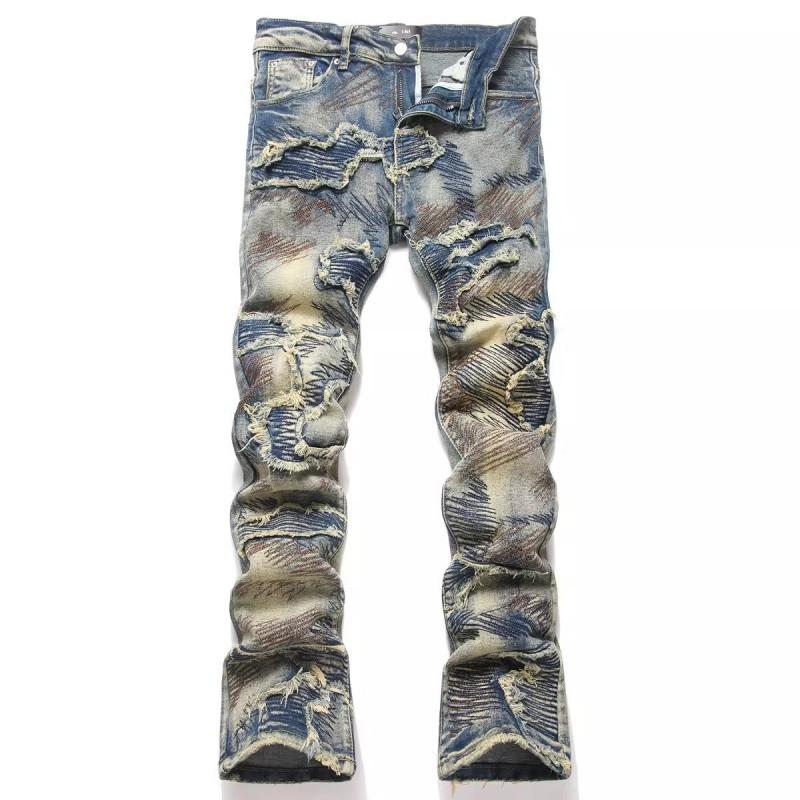 Mens Slim Fit Jeans Punk Style Distressed Printed Denim Pants Teens Casual Wear