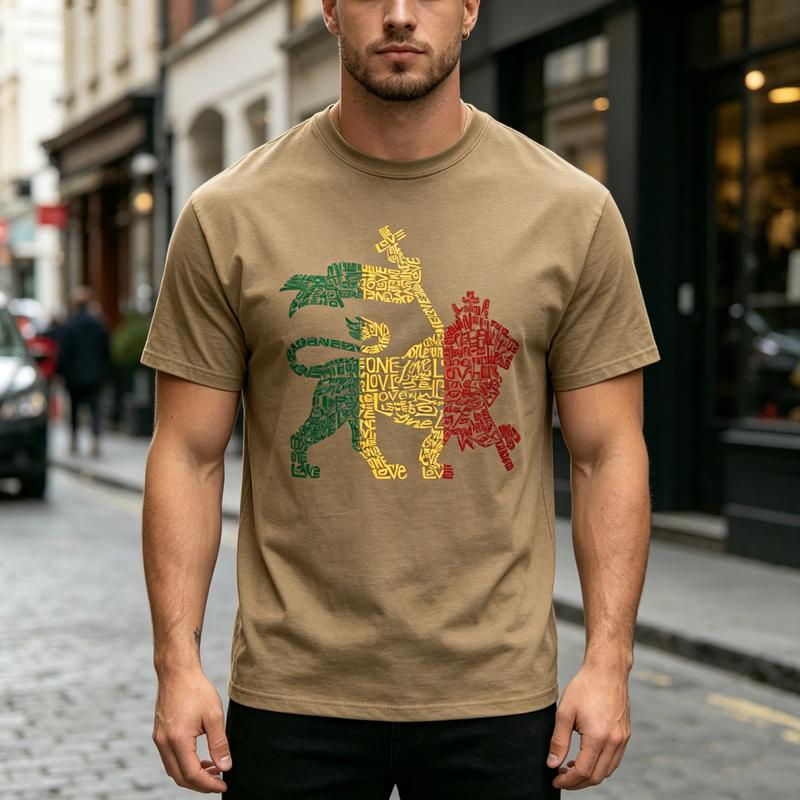 Reggae Rasta Löwe Wortkunst T-Shirt für Unisex Unisex Vintage Rockband T-Shirt Lässiges Kurzarm Oberteil