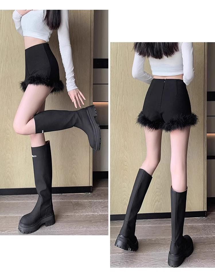Black Raw Edge High Waist A-Line Slimming Shorts for Women - Autumn/Winter 2024 Fashion