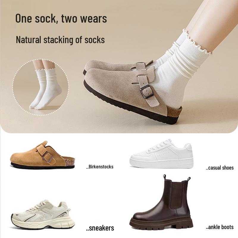 Women's Mid-Calf Lace Pile Socks - Korean Wood Ear Edge, Perfect for Loafers, Y2K Style