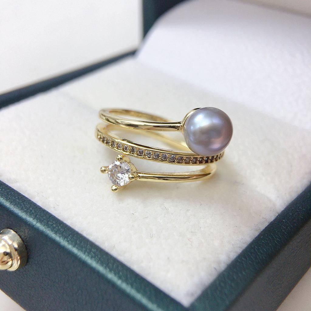 Natural Freshwater Pearl Loop Ring, Pearl Fashion Multi-layer Zircon Minimalist Gift Ring