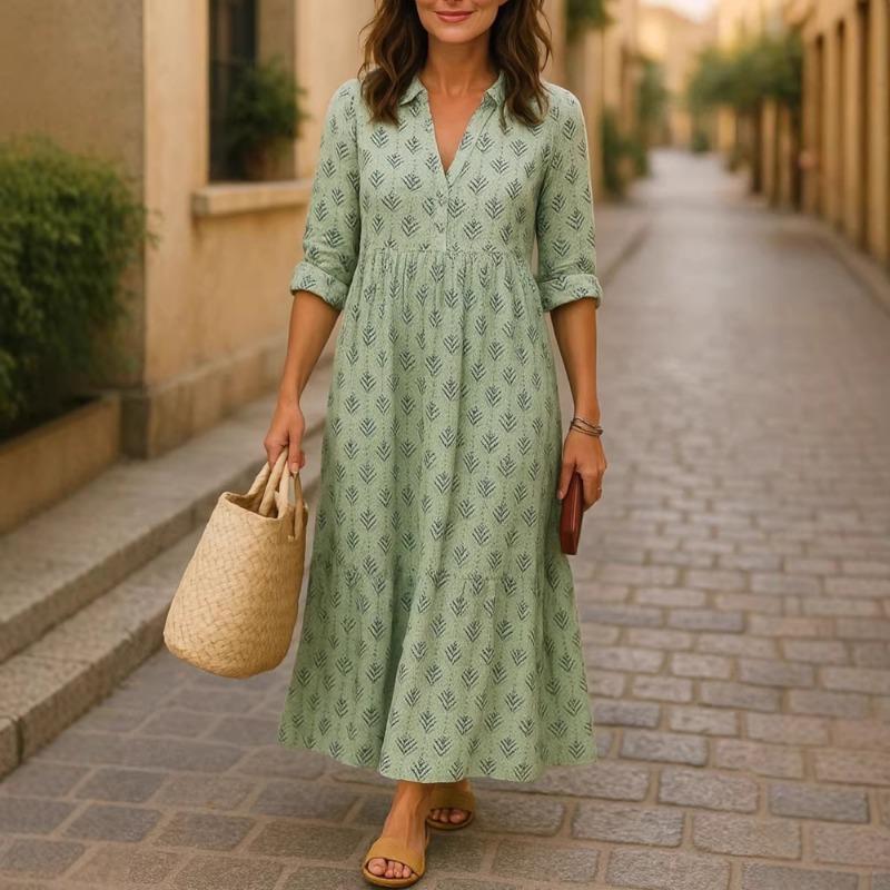 New Women's Casual Long Sleeve Lapel Long Digital Print Women's Shirt Dress