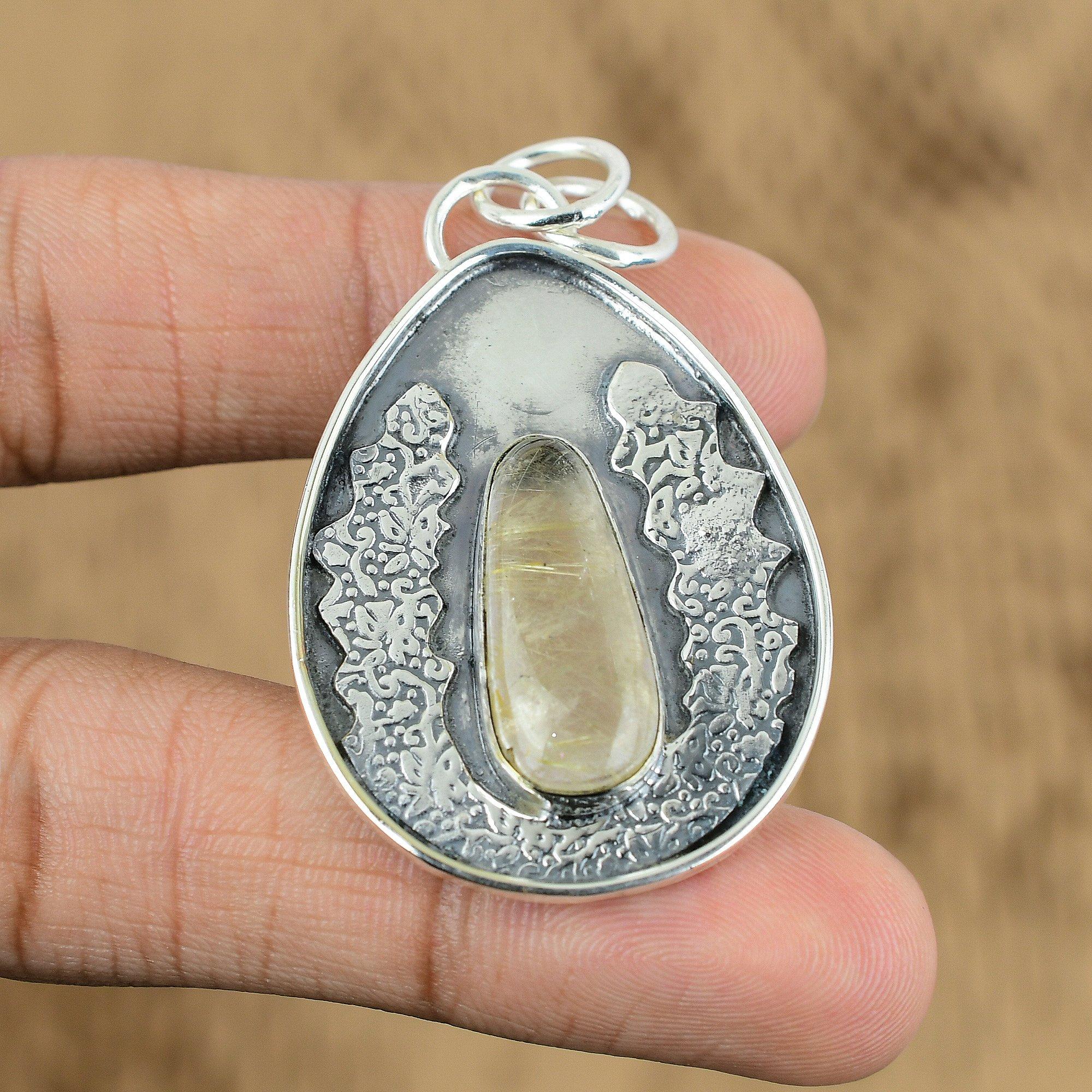 

Natural Golden Rutile Gemstone Pendant White 925 Sterling Silver Indian Jewelry