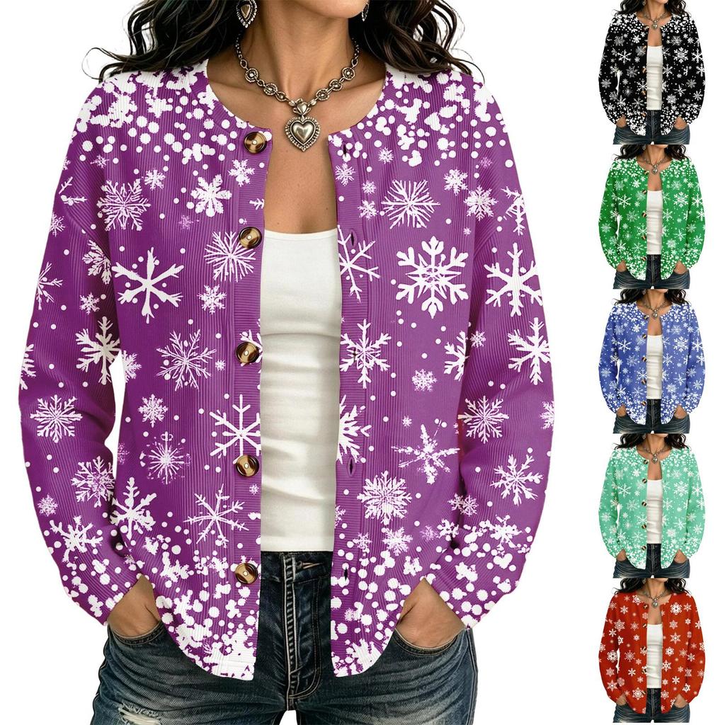 Women's Fashion Christmas Print Long Sleeve Cardigan - Holiday Open Front Knit Sweater for Winter Outfits