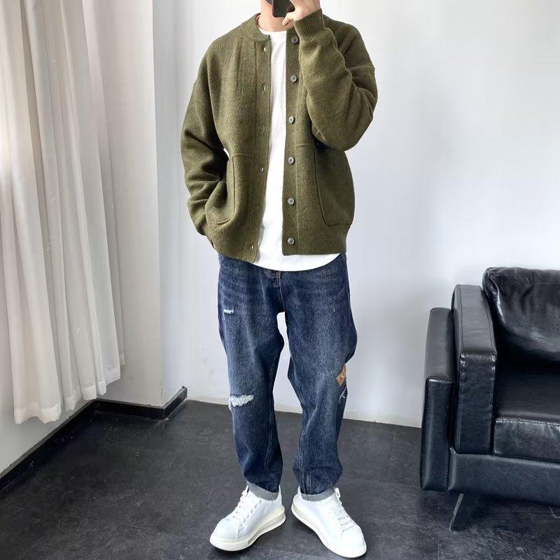 Men's Solid Color Knitted Cardigan - Autumn/Winter Fashionable Youth Sweater