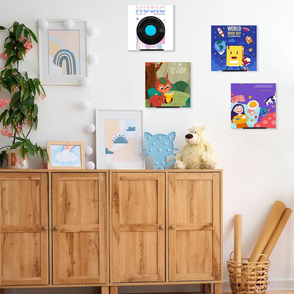 8 Pack Vinyl Record Shelf Wall Mount, Black Metal Vinyl Holder, Wall Display Shelf Record, Minimalist Album Display Holder Storage Hanger for Music