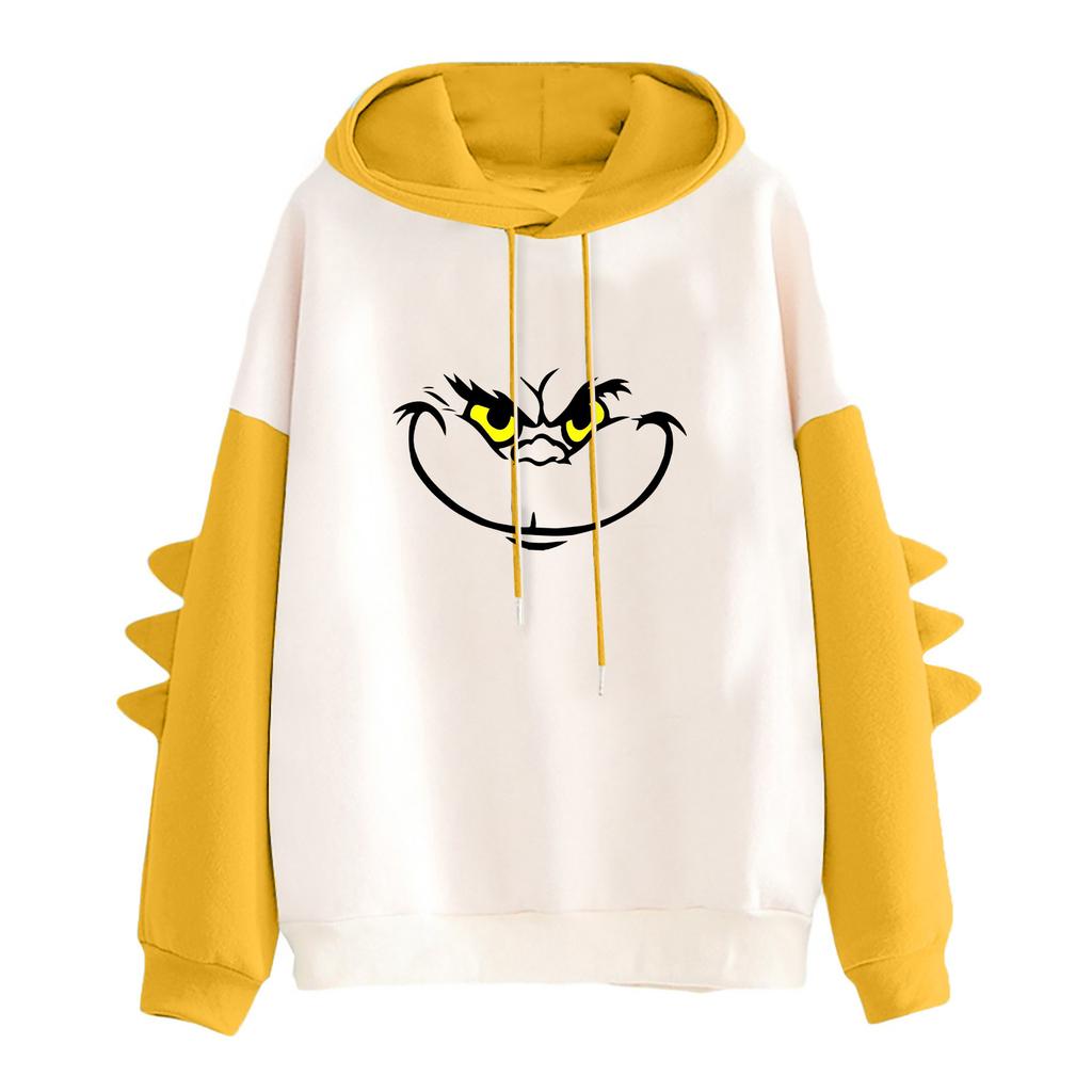 Hettegenser for kvinner med trykk og kontrasterende dinosaurmotiv, løs og avslappet passform