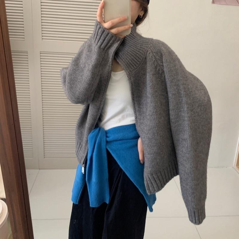 Lazy wind solid color double zipper lapel neck sweater jacket women's autumn new loose simple stand-up neck knitted cardigan thick
