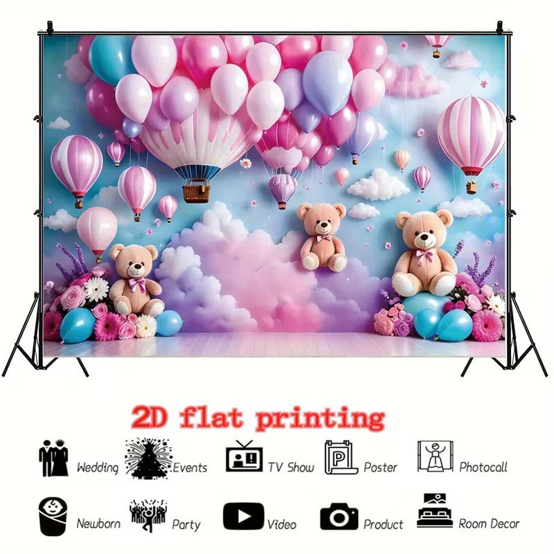 2D Teddy Bear Hot Air Balloon Birthday Backdrop Banner Happy Birthday Party Photo Booth Background