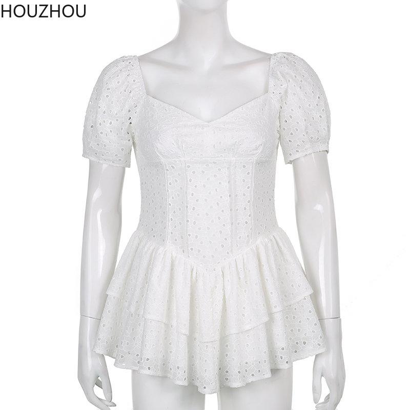 Hollow Black Dress Women V Neck Ruffles Pleated Dress Puff Sleeve Chic Black Summer Party Dress French Vintage Corset Ladies