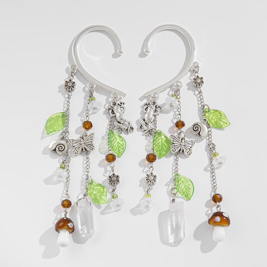 Zauberhafte Waldelfen-Ohrmanschetten für Frauen, Boho-Feenpilz- und Quastenketten-Ohrringe, Ohrring-Schmuck ohne Piercing, wunderlicher Elfen-Ohrschmuck