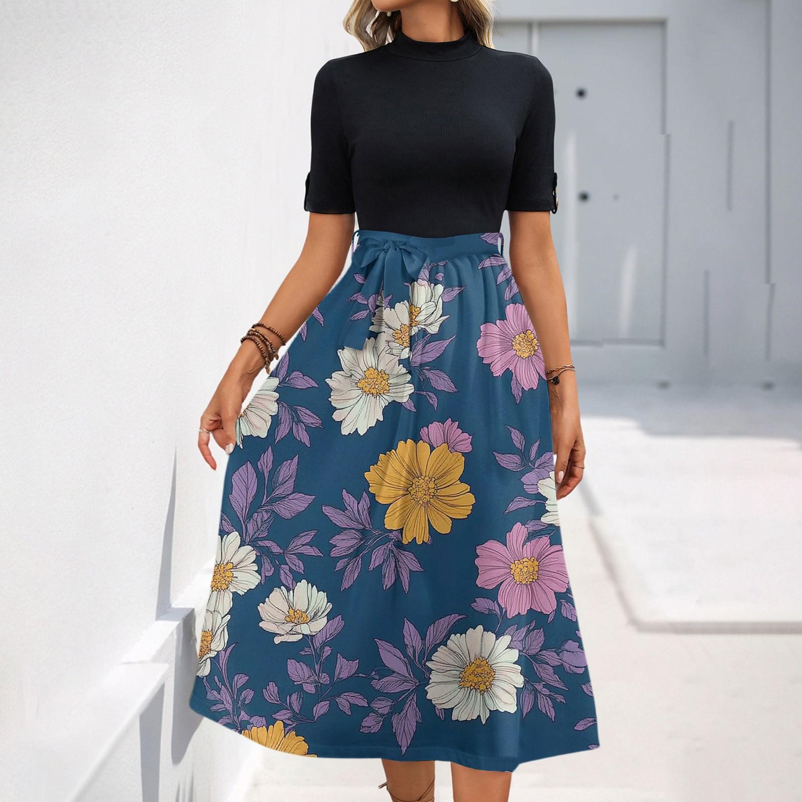 

Женское модное повседневное платье с коротким рукавом и круглым вырезом с цветочным принтом и элегантным темпераментом L