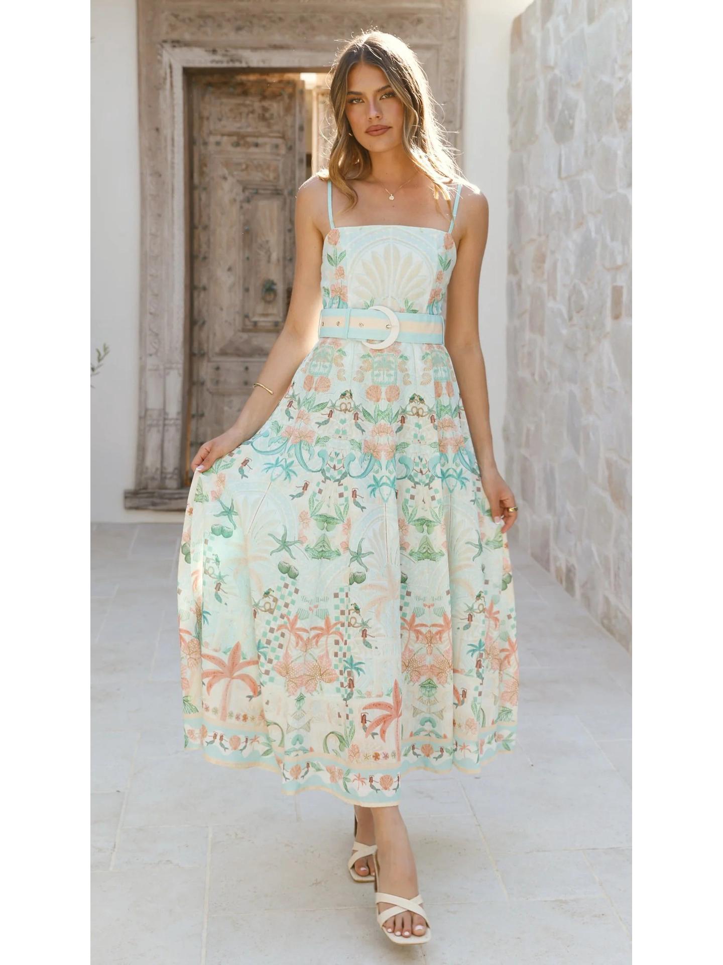 

2026 Floral Linen Sleeveless Large Hem Camisole Dress S светло-синий