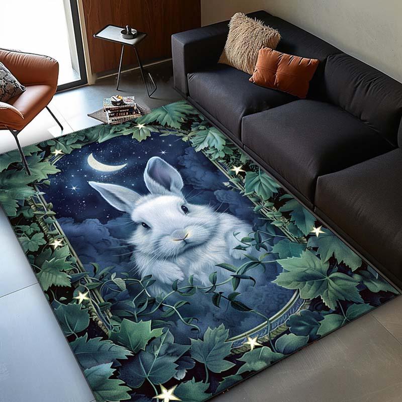 Enchanted Bunny Moonlight Rug: Fantasy Forest Design for Kids Rooms | Nature Themed Carpets | Soft and Comfortable Floor Decor