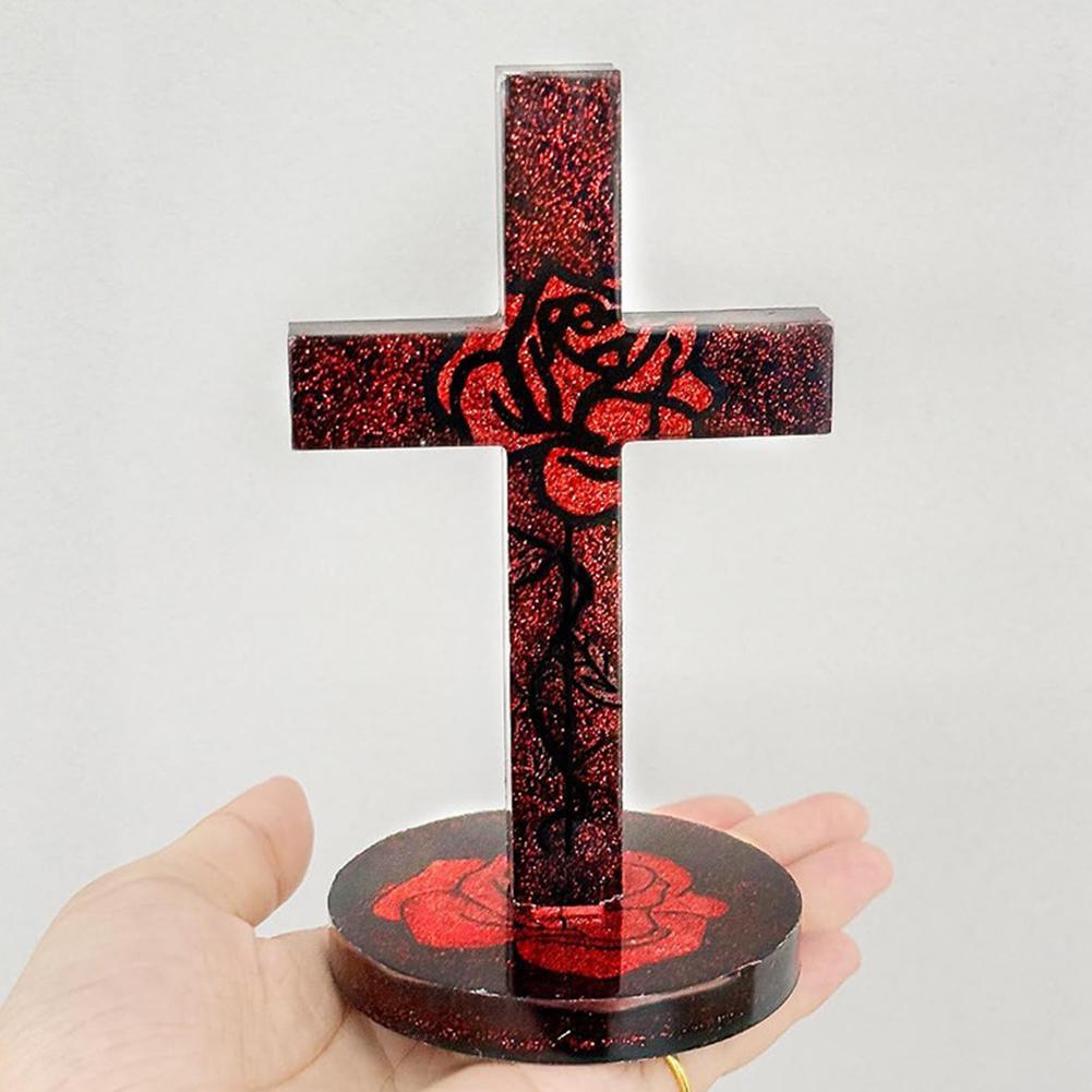 Church Cross Silicone Mold DIY Gypsum Concrete Pouring Table Ornaments Resin Mold 3D Cross Christian Sign with Base Crafts Gifts