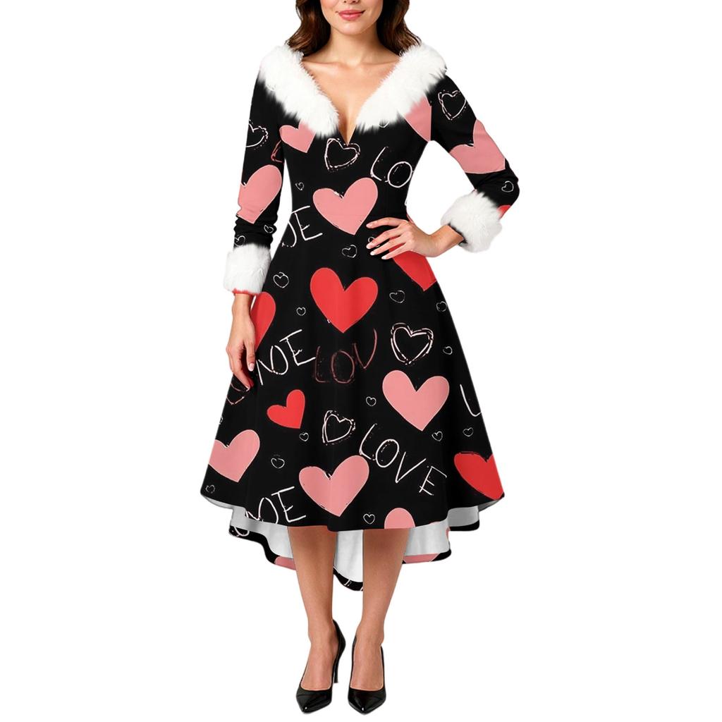 Damen stilvolles und elegantes langärmeliges V-Ausschnitt Kleid mit Valentinstags-Herzprint