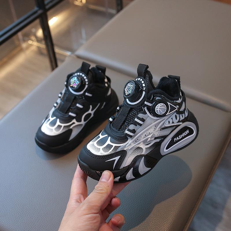 Boys' Fleece-lined Thickened Stylish Sneakers, New Winter Model for Older Children, with Rotating Buckle Casual Shoes