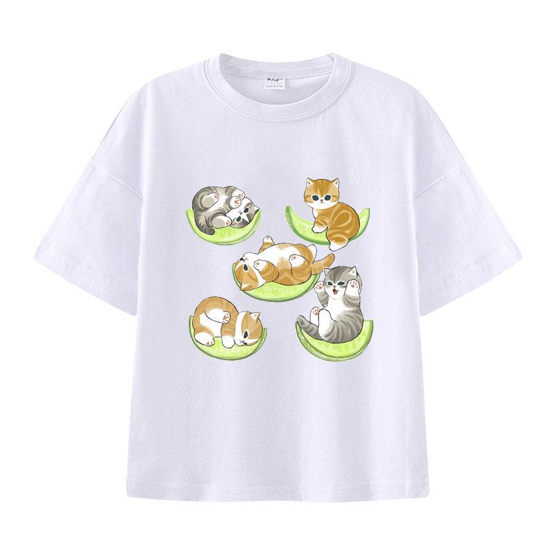 New Summer Catprinted Shortsleeved Tshirt A Cute and Trendy Outfit Featuring A Cartoon Shark Cat Kids Clothes Boys  Girl