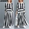 DIMANAF Plus Size Women Blouse Two Piece Set  Striped Shirts Bat Sleeve Summer Chiffon Home Tops Suit Loose Casual Solid Female Oversize
