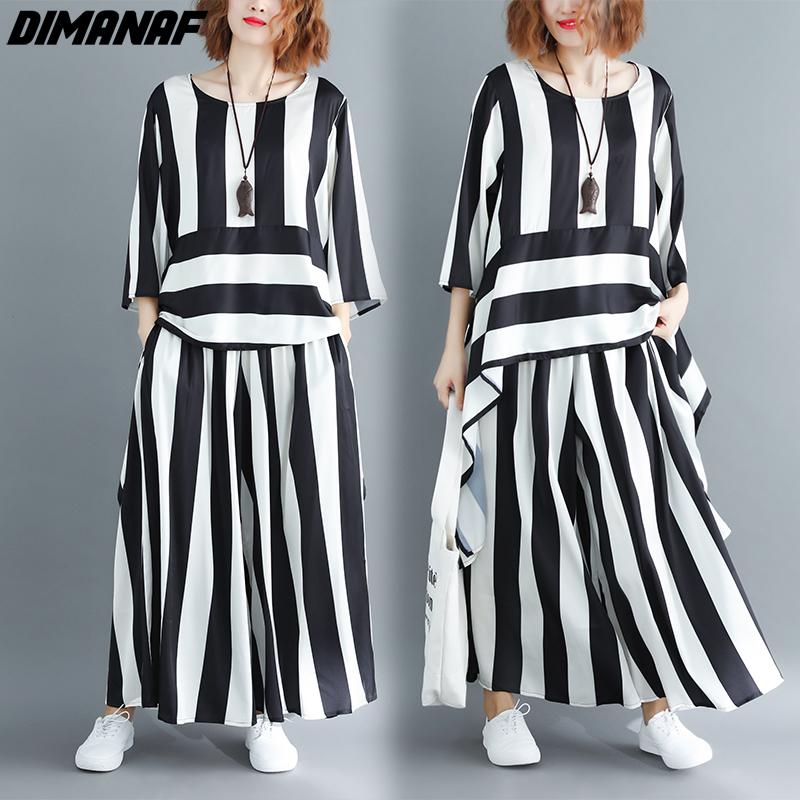 DIMANAF Plus Size Women Blouse Two Piece Set  Striped Shirts Bat Sleeve Summer Chiffon Home Tops Suit Loose Casual Solid Female Oversize