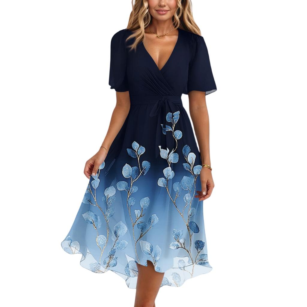 Damenmode Lässig V-Ausschnitt Kurzarm Rüschen Vintage Bedruckte Kleider