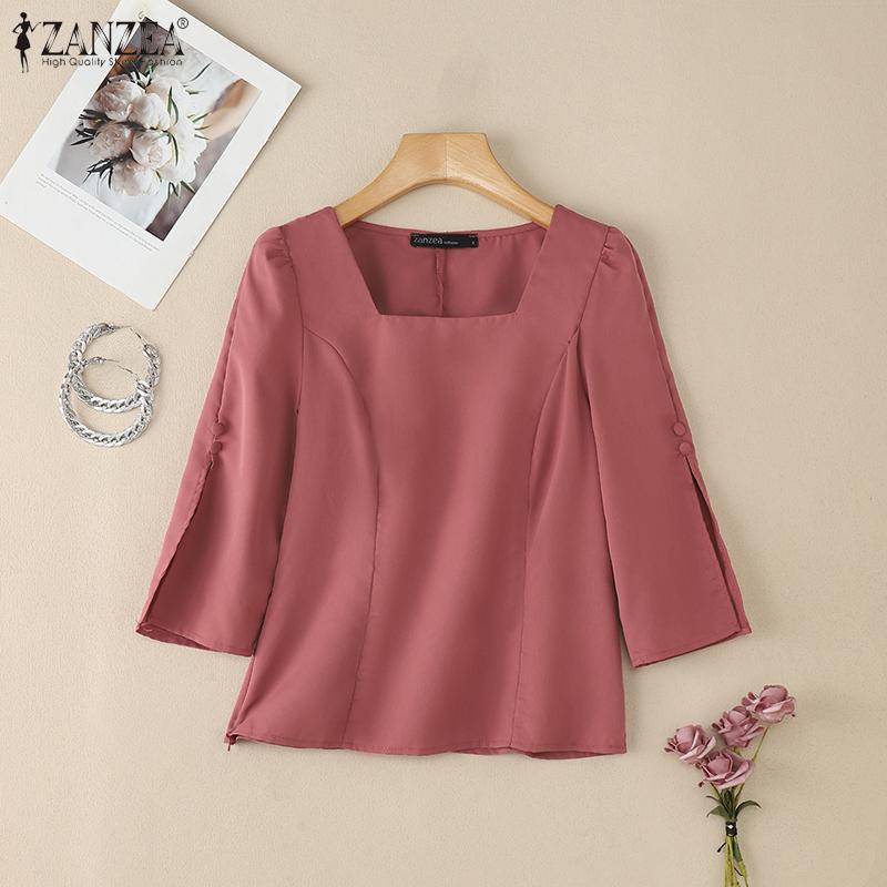 ZANZEA Women Elegant Square Neck Casual Split 3/4 Sleeve Plain Blouse