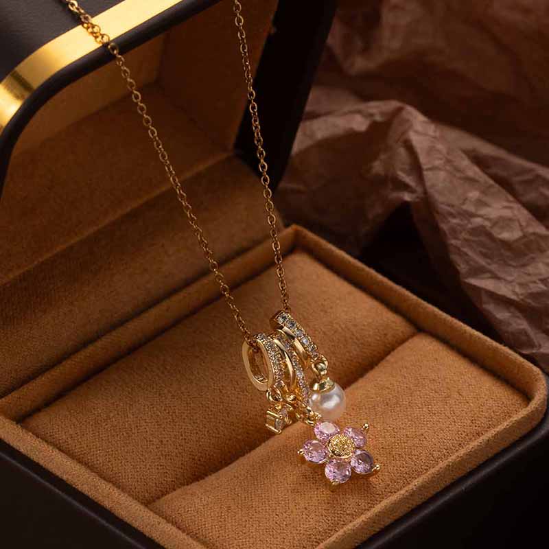 Stainless Steel Colorful Flower Zircon Pearl Pendant Necklace For Women Simple Elegant Korean Jewelry Wholesale