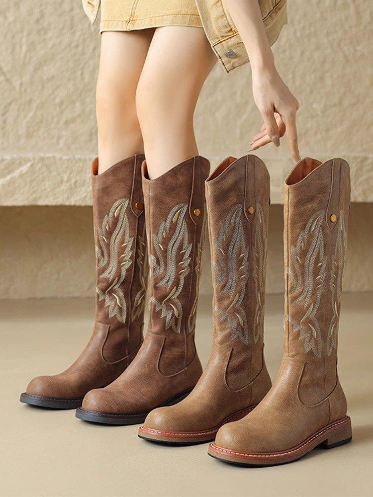 Fashion Women's Shoes Embroidered Western Cowboy Boots Autumn Pointed Toe Thick Heel High Knee Boots Woman Loose PU Leather Botas Mujer