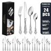 Royal Court 24-Piece Stainless Steel Cutlery Set - Embossed Hollow Steak Knives, Forks, and Spoons