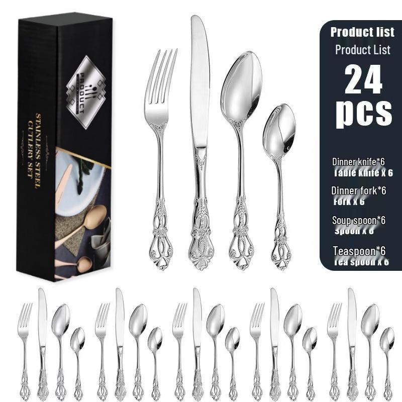 Royal Court 24-Piece Stainless Steel Cutlery Set - Embossed Hollow Steak Knives, Forks, and Spoons