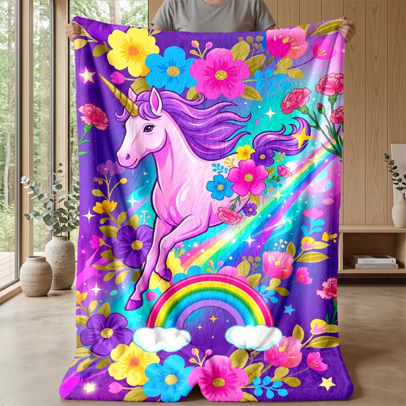 Unicorn Rainbow Fantasy Theme Blanket Lightweight Warm Flannel Blanket Decorative Throw Blanket for Home Decoration