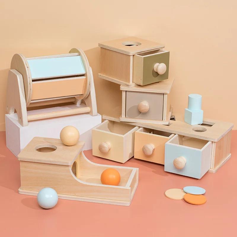 Montessori Macaroon Color Spinning Drum Match Coin Box Permanent Box Round Rectangular Box Kids Sensory Toys for Baby Gifts