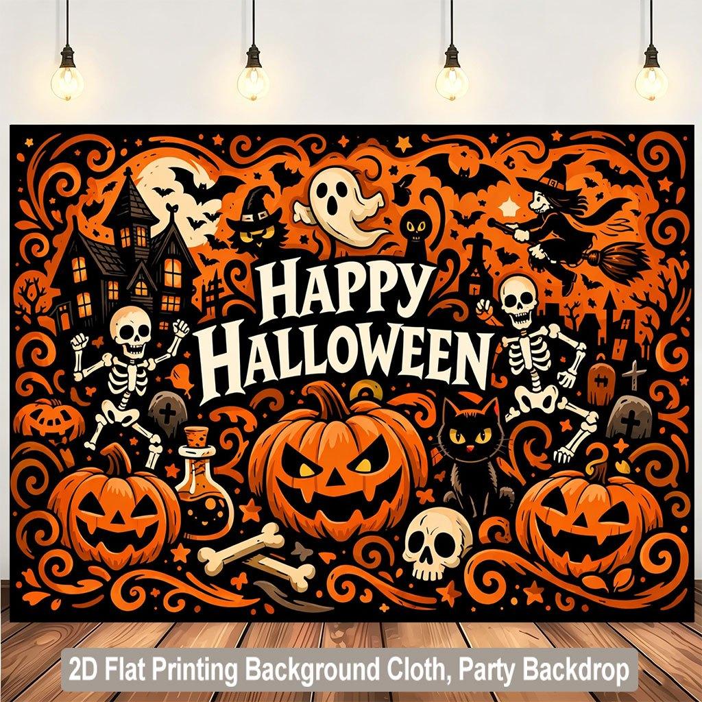 1 piece of 2D flat background fabric, Halloween pumpkin ghost creative pattern background fabric, indoor photo background