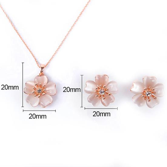 2Pcs Fashion Women Faux Opal Flower Pendant Necklace Stud Earrings Jewelry Set